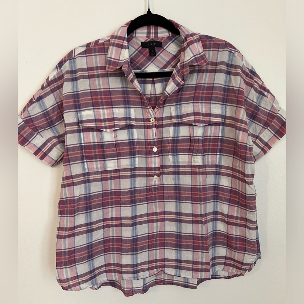 J. Crew Plaid Pop Over Shirt, Pink/Purple/White, Size 6